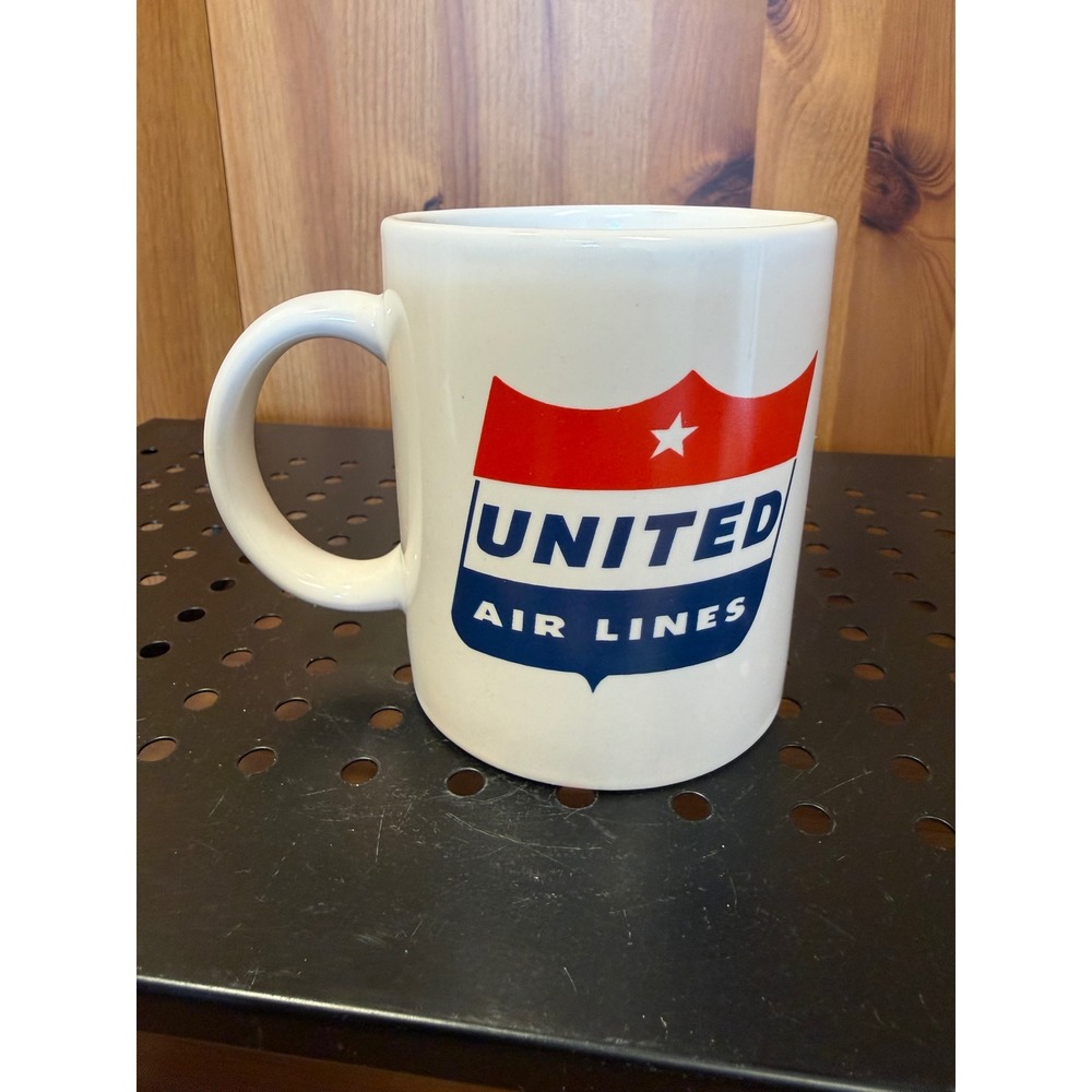 Vintage United Air Lines Logo Coffee Mug White Red Blue Airline Advertising 4"